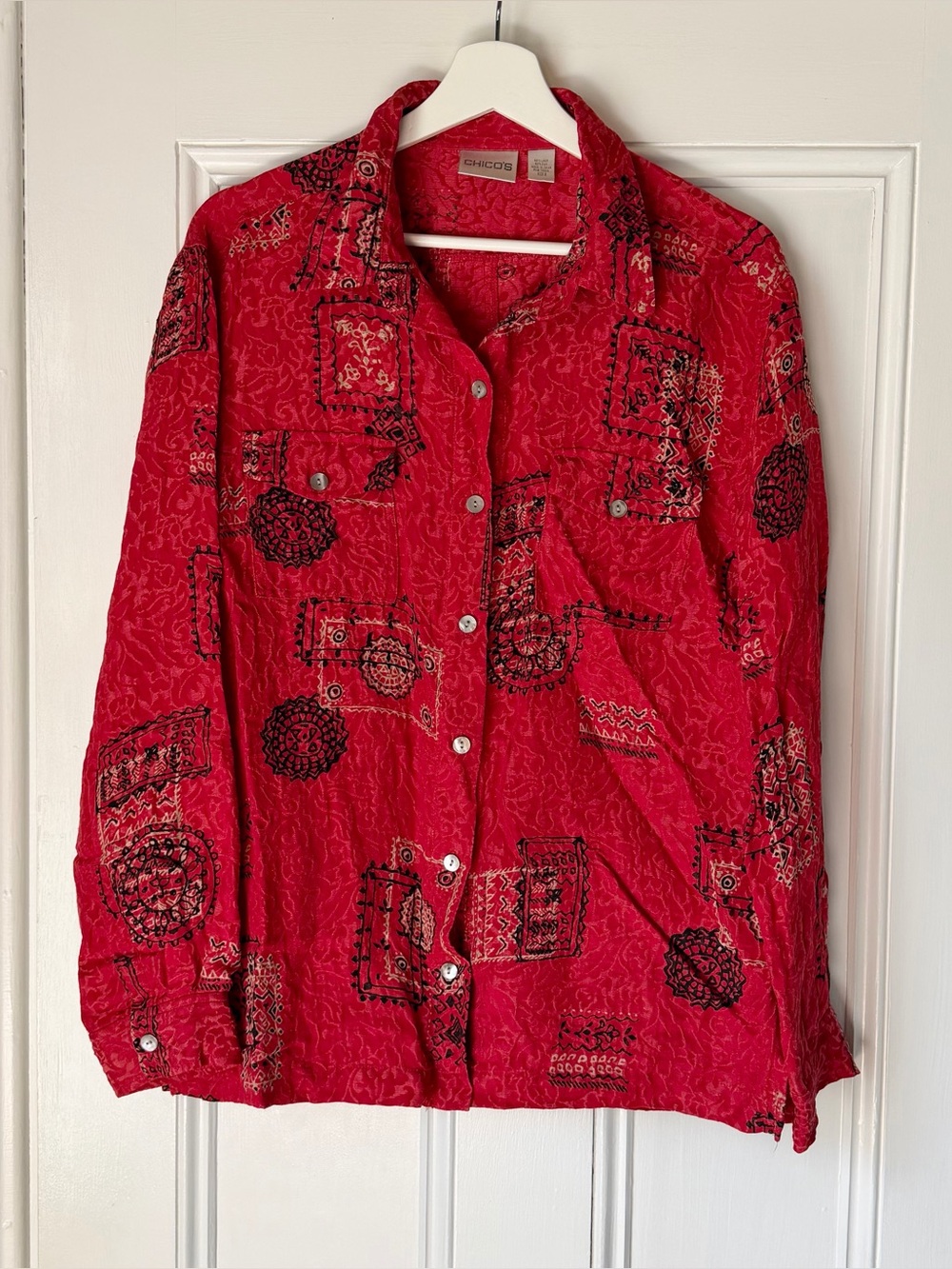 Chico’s Red Silk Linen Western Hippie Indie Eclectic Long Sleeve Button Blouse